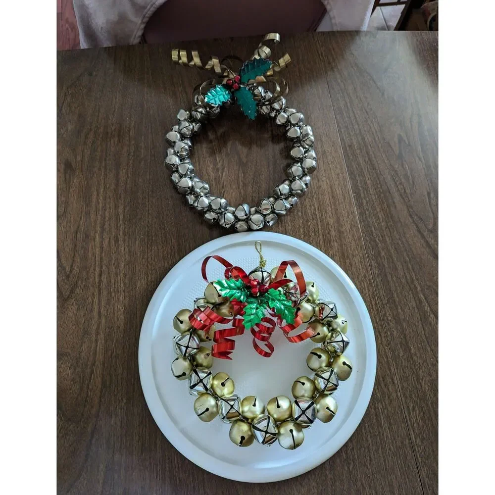 Bundle of two (2) Christmas hanging jingle sleigh bell metal wreaths